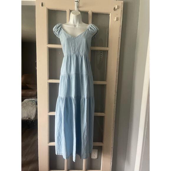 OLD‎ NAVY FIT & FLARE MAXI DRESS COTTON CHAMBRAY TIERED LIGHT WASH BLUE - Picture 6 of 12